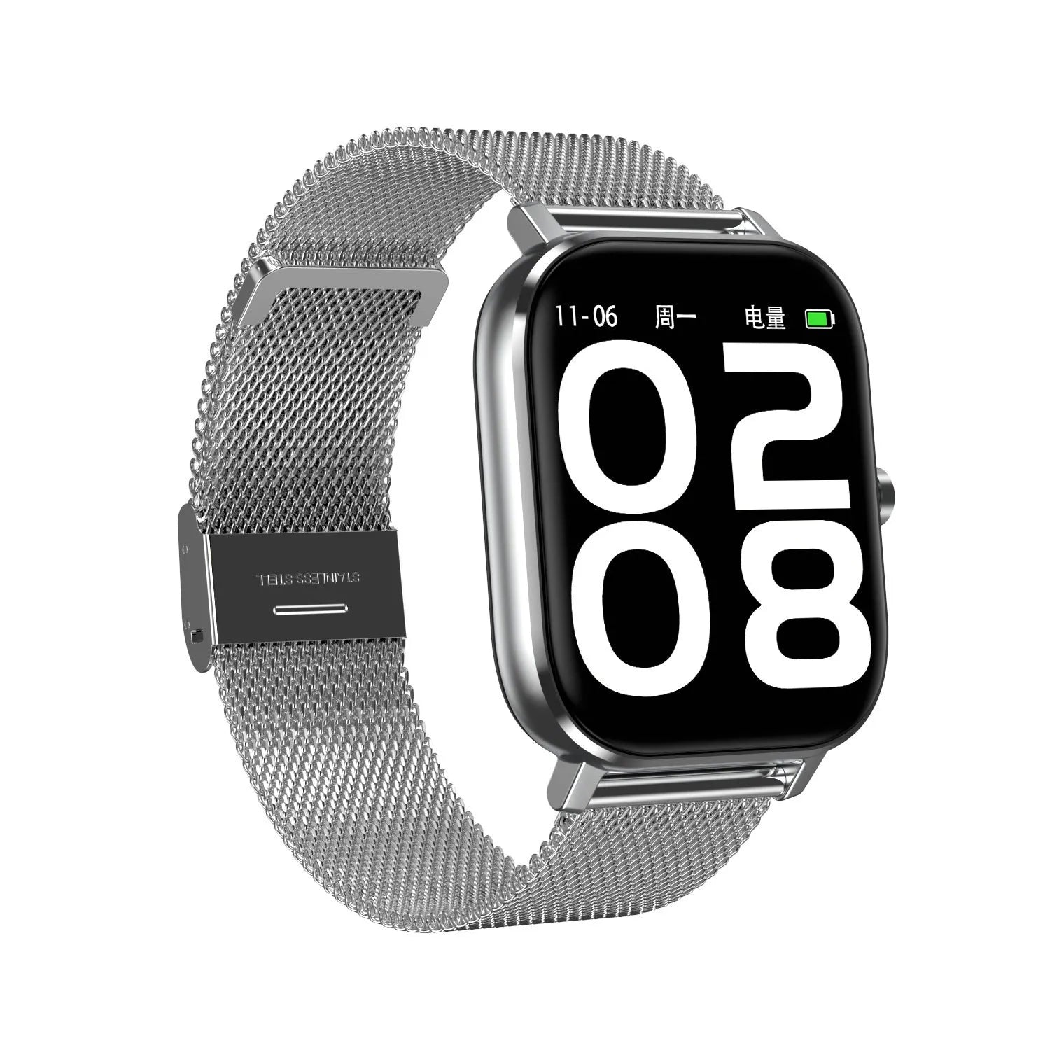 Smart bracelet with touchscreen displaying health metrics on wrist with silicone strap option