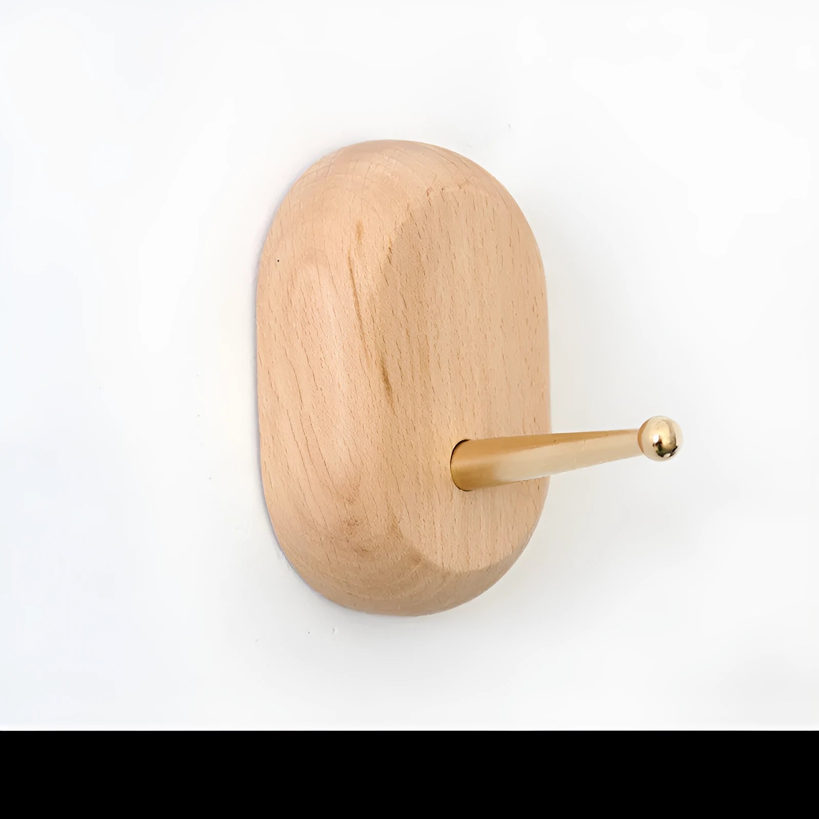 Beech wood adhesive wall hook with brass hook in five shapes: capsule, diamond, oval, round, and square