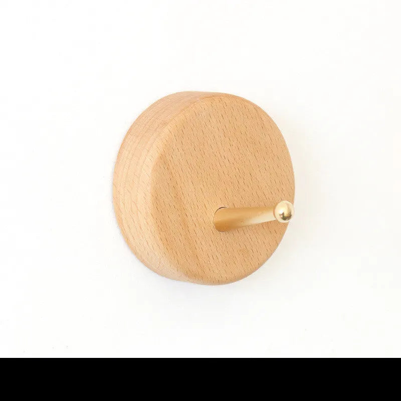 Beech wood adhesive wall hook with brass hook in five shapes: capsule, diamond, oval, round, and square