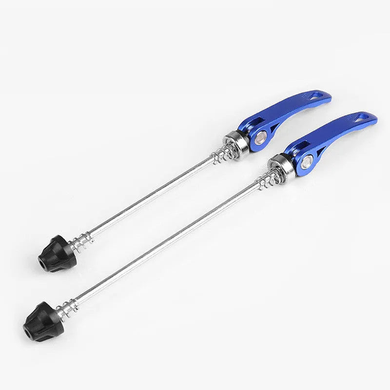 Bicycle quick release lever in silver, showing aluminium alloy handle and galvanised iron axle rod.