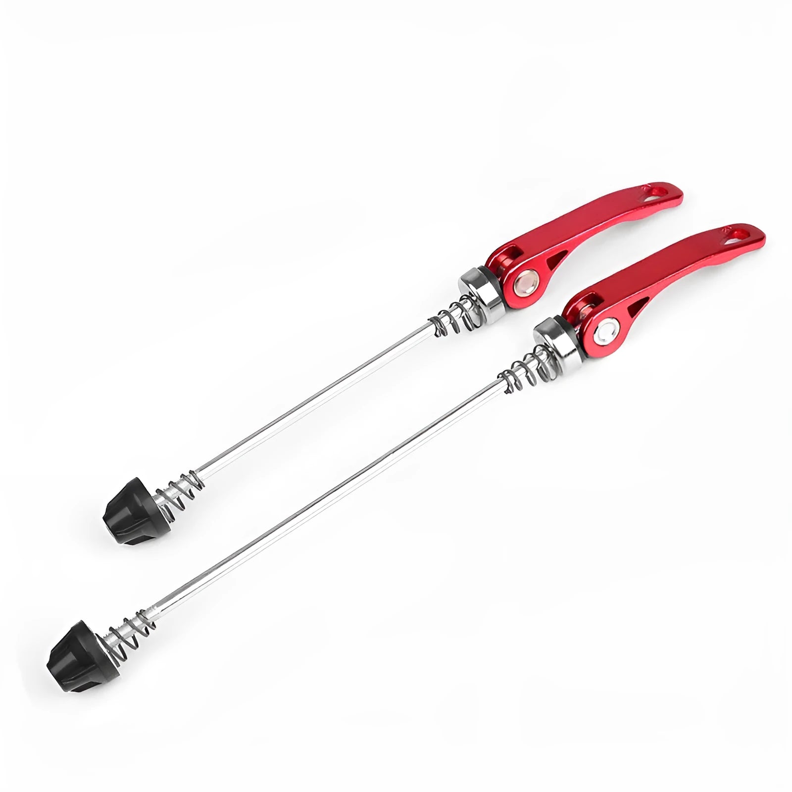 Bicycle quick release lever in silver, showing aluminium alloy handle and galvanised iron axle rod.