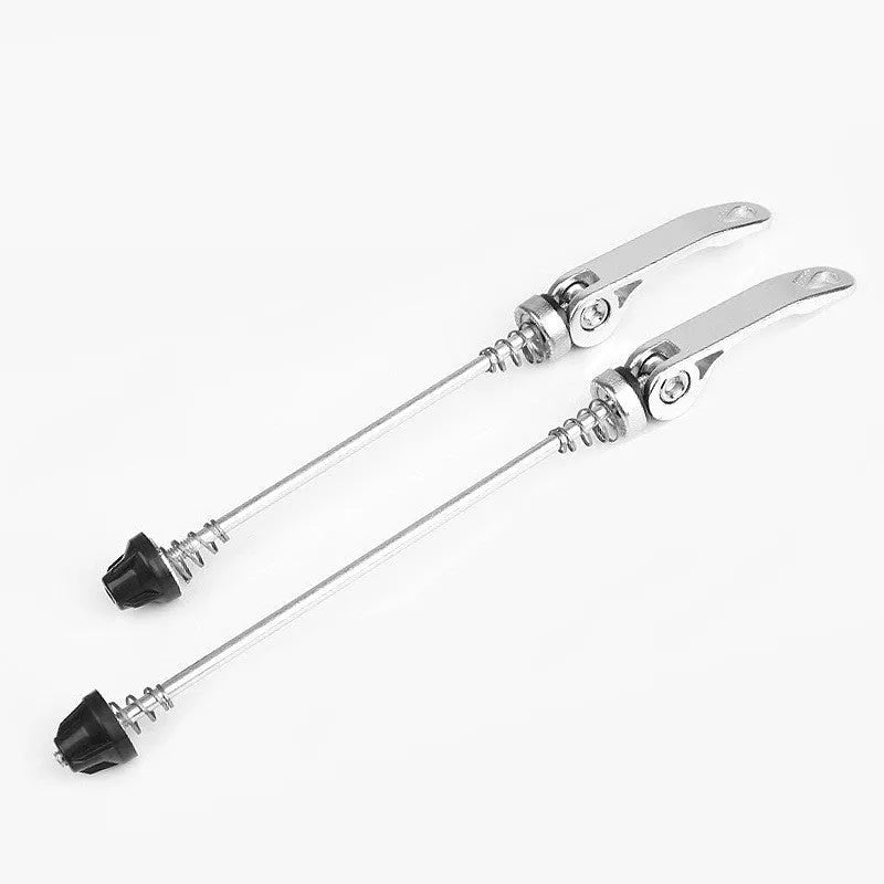 Bicycle quick release lever in silver, showing aluminium alloy handle and galvanised iron axle rod.