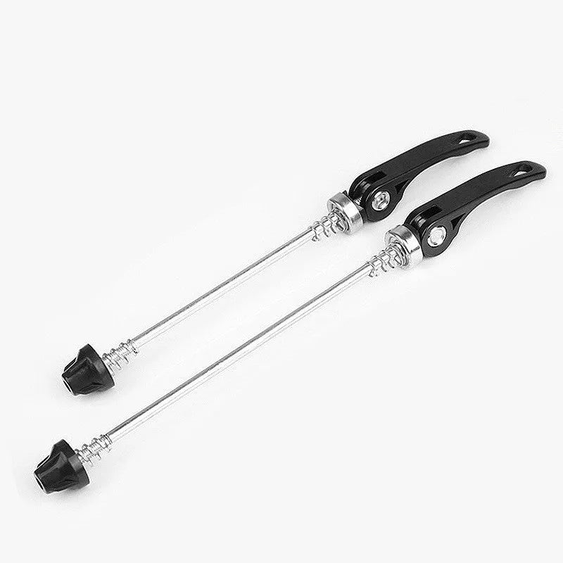 Bicycle quick release lever in silver, showing aluminium alloy handle and galvanised iron axle rod.