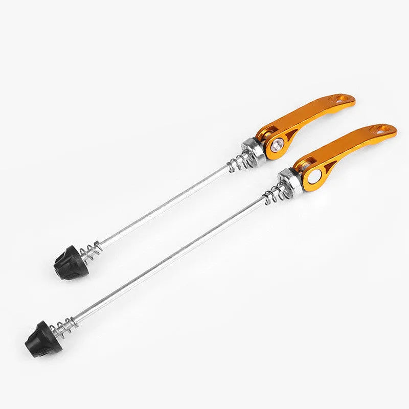 Bicycle quick release lever in silver, showing aluminium alloy handle and galvanised iron axle rod.