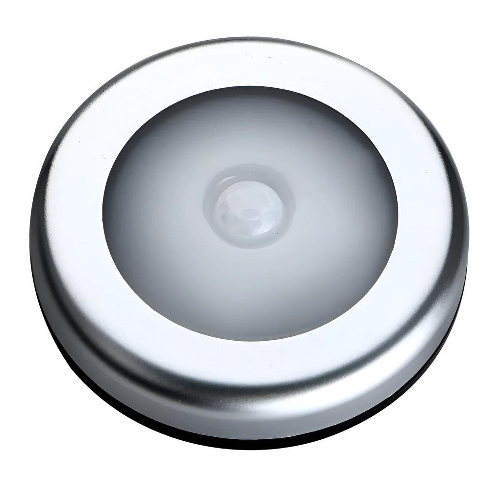 Silver square wireless motion sensor night light for automatic bedside or hallway lighting.