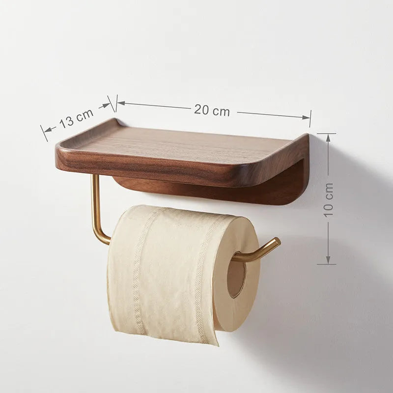 Walnut wood wall-mounted paper towel holder with brass fittings showing natural wood grain