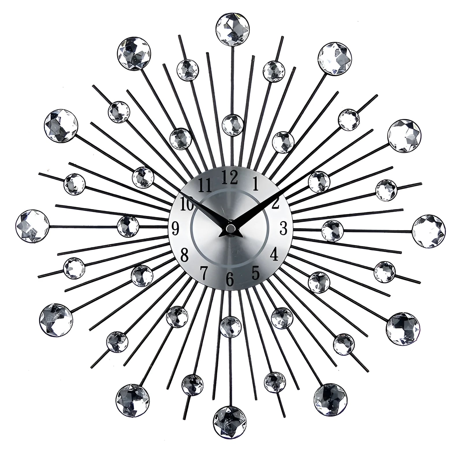 Silver 33cm round mute wall clock with aluminium dial and metal frame