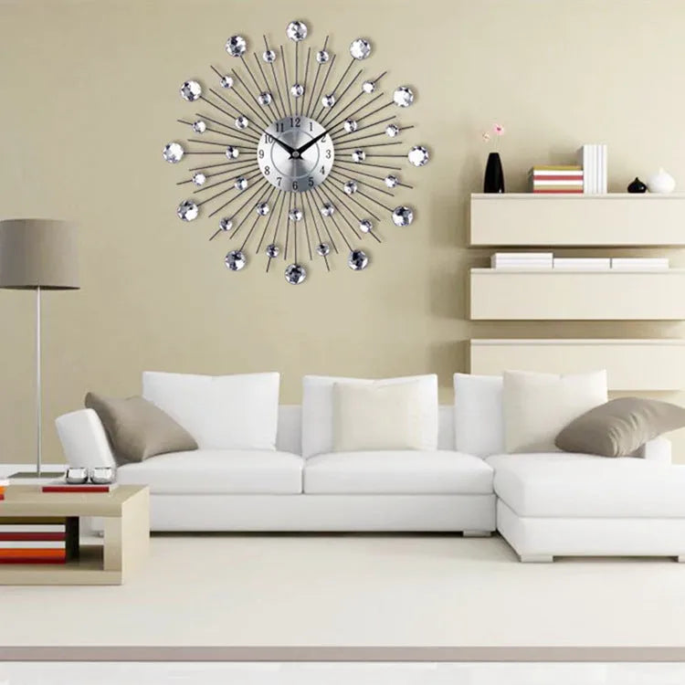 Silver 33cm round mute wall clock with aluminium dial and metal frame