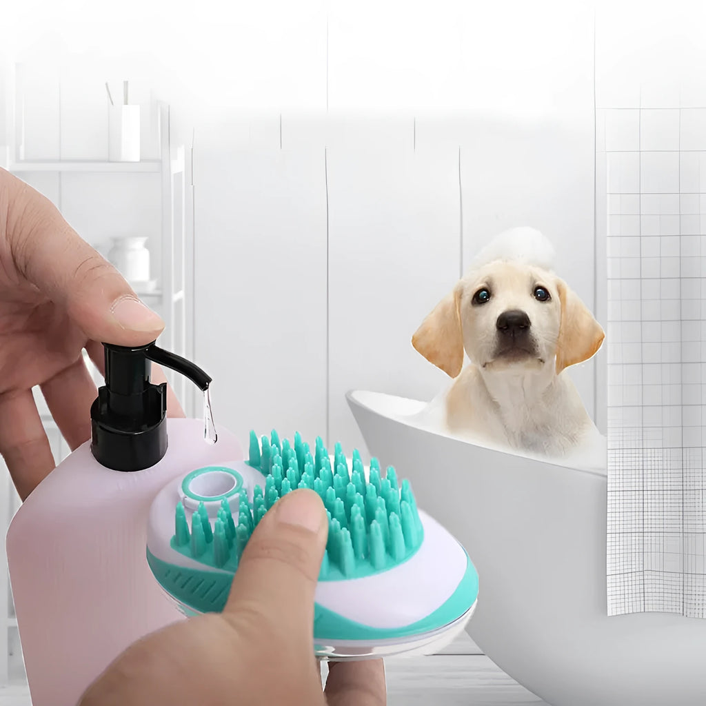 Pet bath brush with soft silicone bristles and ergonomic handle in blue colour