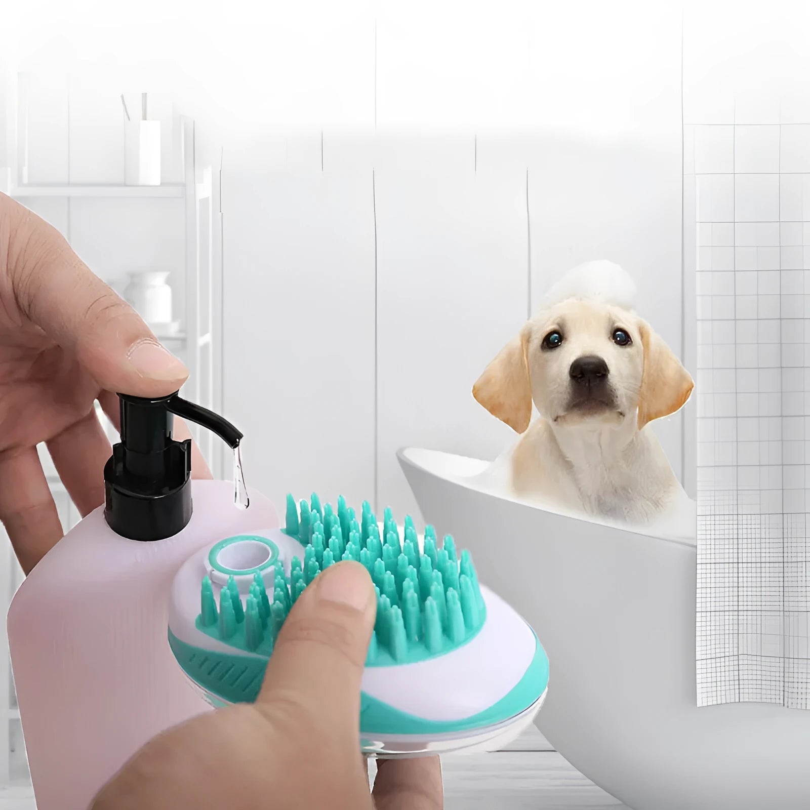Pet bath brush with soft silicone bristles and ergonomic handle in blue colour