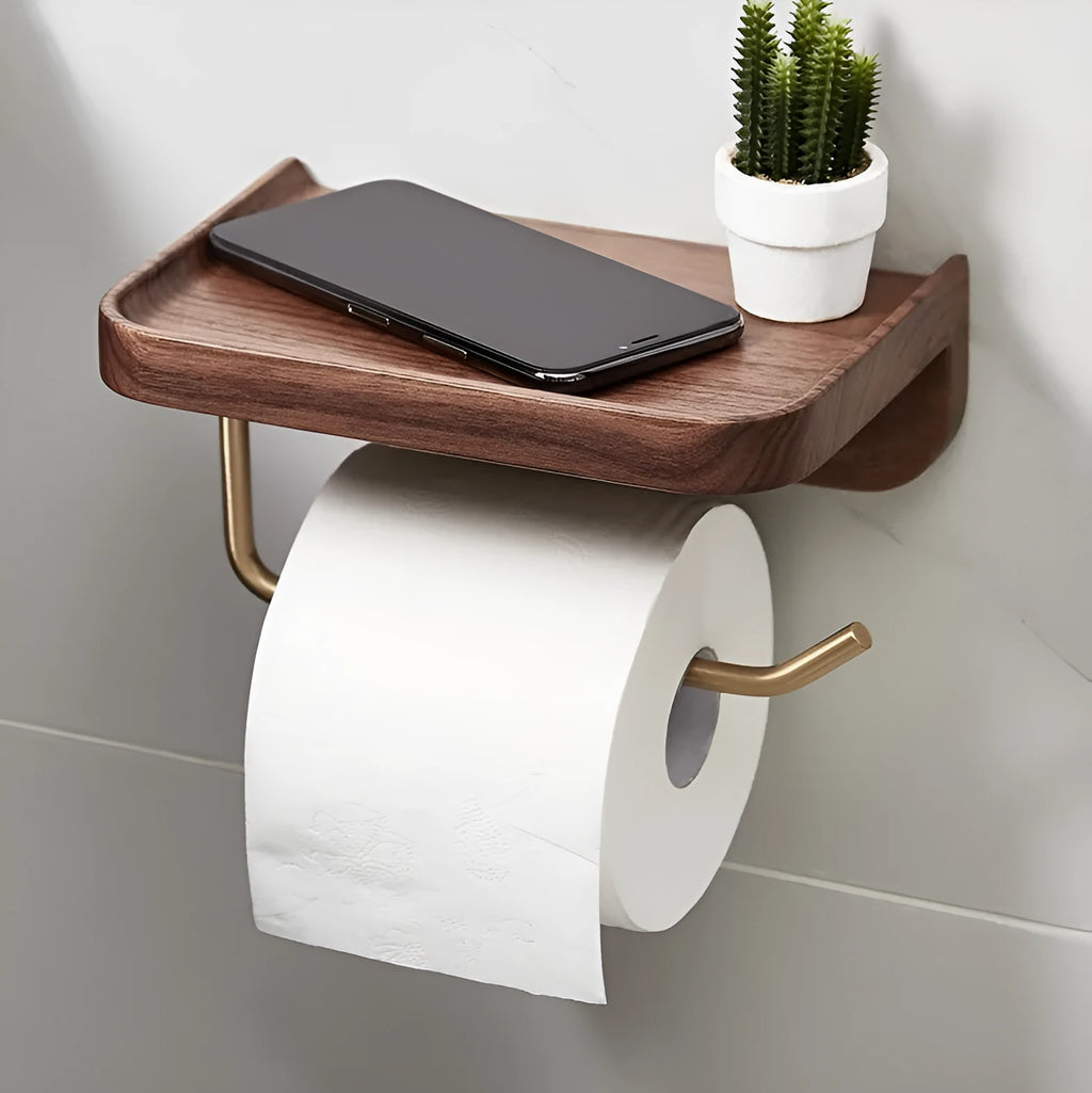 Walnut wood wall-mounted paper towel holder with brass fittings showing natural wood grain