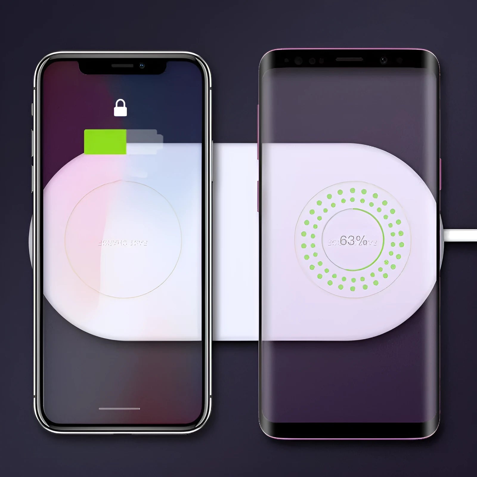 White dual-charge wireless fast charger for two mobile phones