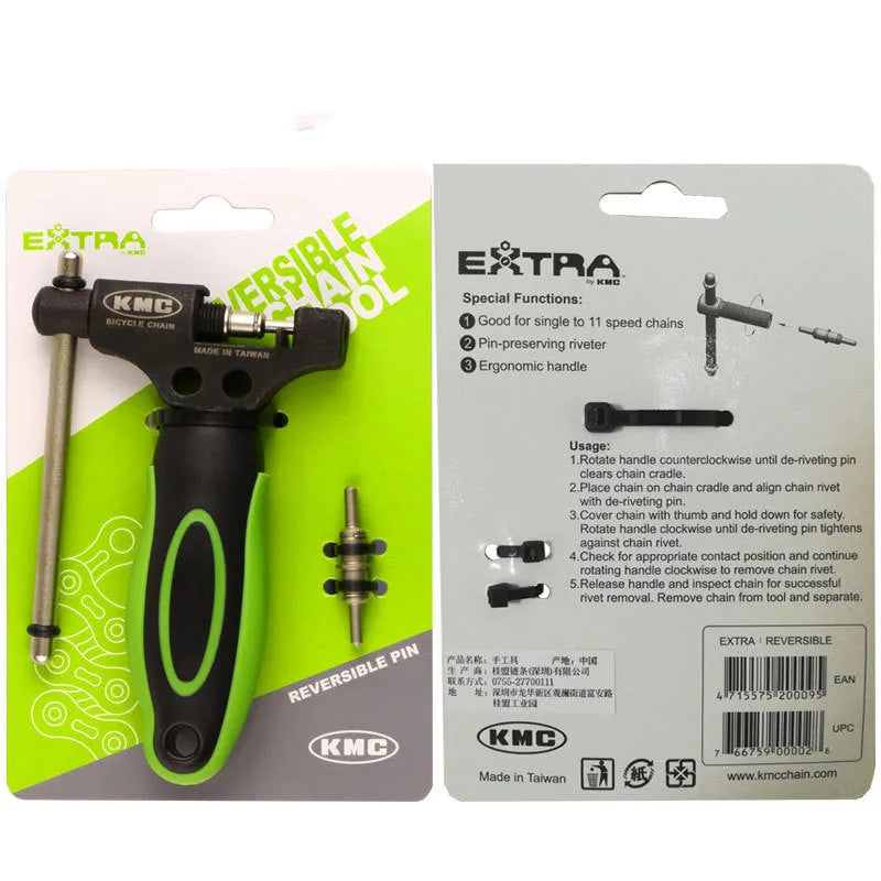 Green steel bicycle chain tool with double shaft chaining device and included chain driver for bike maintenance