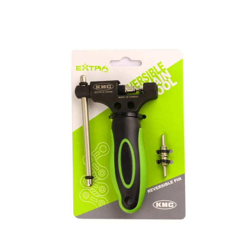 Green steel bicycle chain tool with double shaft chaining device and included chain driver for bike maintenance