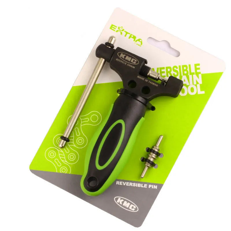 Green steel bicycle chain tool with double shaft chaining device and included chain driver for bike maintenance