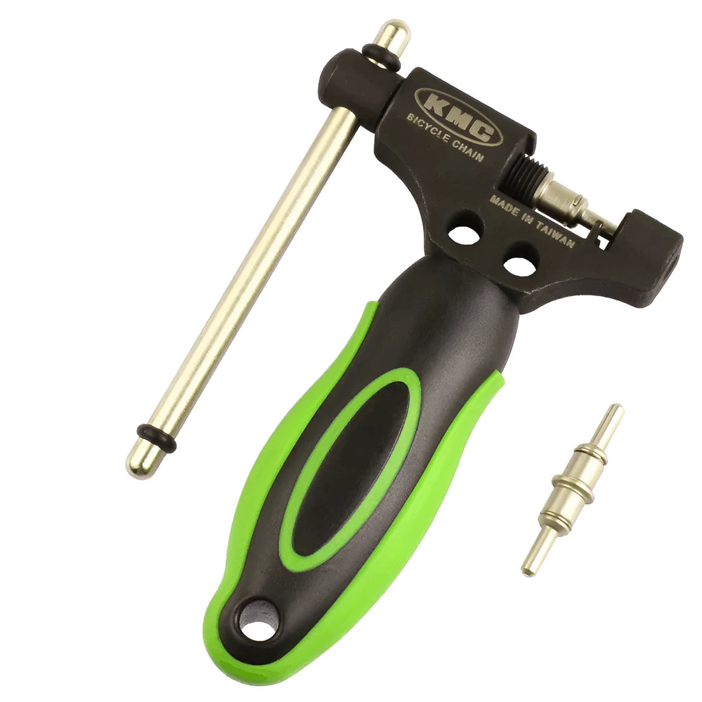 Green steel bicycle chain tool with double shaft chaining device and included chain driver for bike maintenance