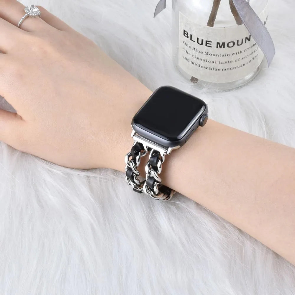 Cuban link bracelet strap for Apple Watch in leather and stainless steel, silver colour, 42/44mm size