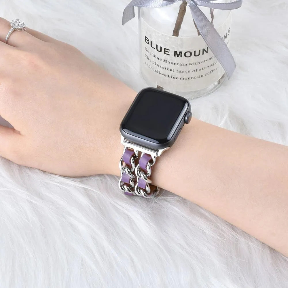 Cuban link bracelet strap for Apple Watch in leather and stainless steel, silver colour, 42/44mm size
