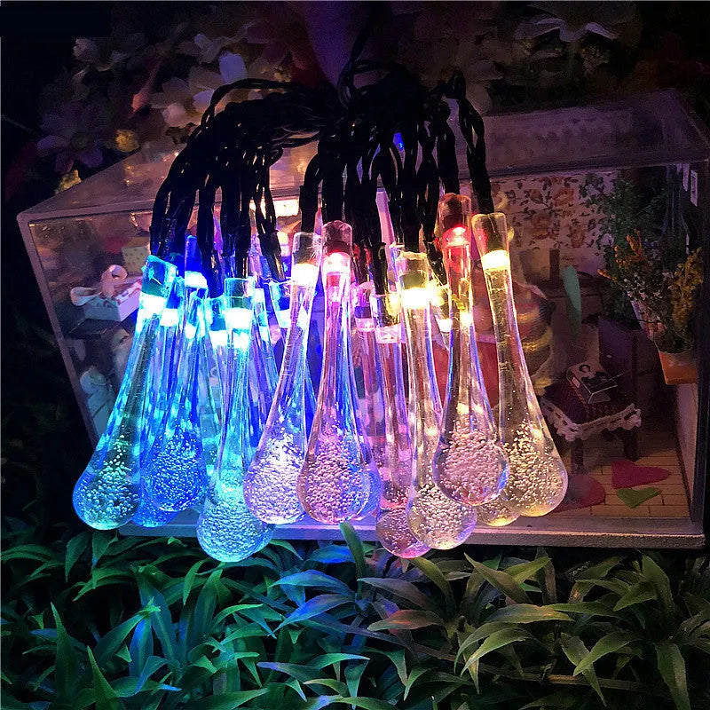 30 LED solar outdoor string lights with water drop pendants on 6.5m cable with ground spike