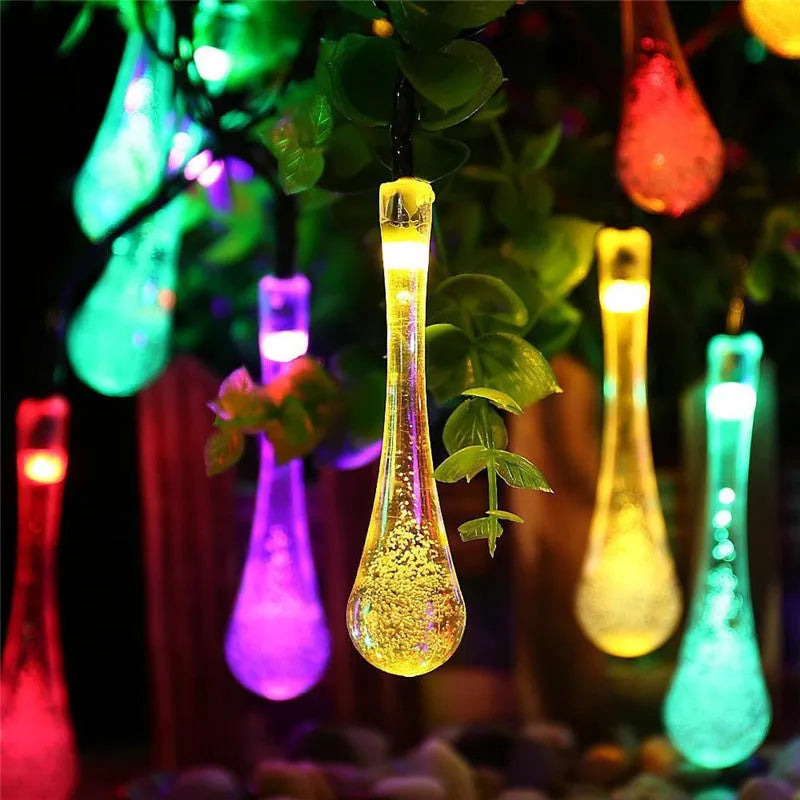 30 LED solar outdoor string lights with water drop pendants on 6.5m cable with ground spike
