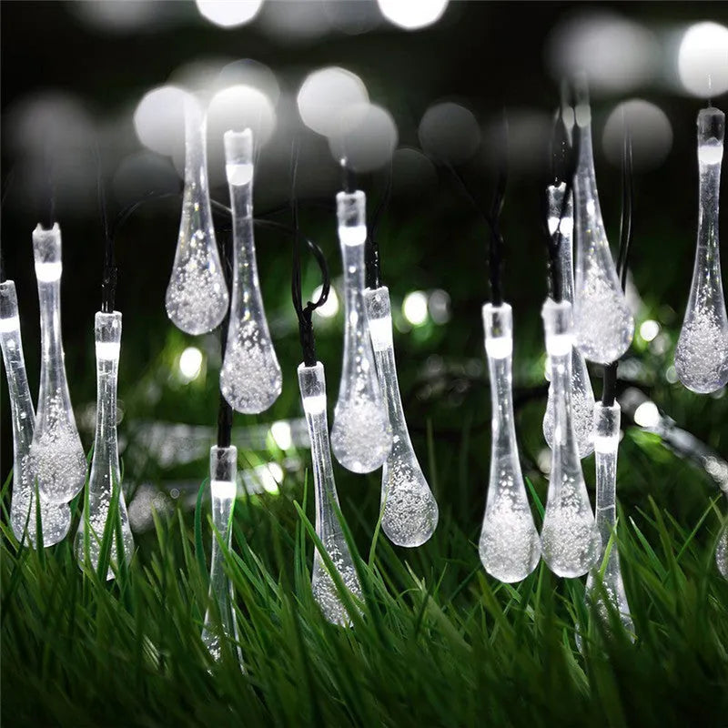 30 LED solar outdoor string lights with water drop pendants on 6.5m cable with ground spike