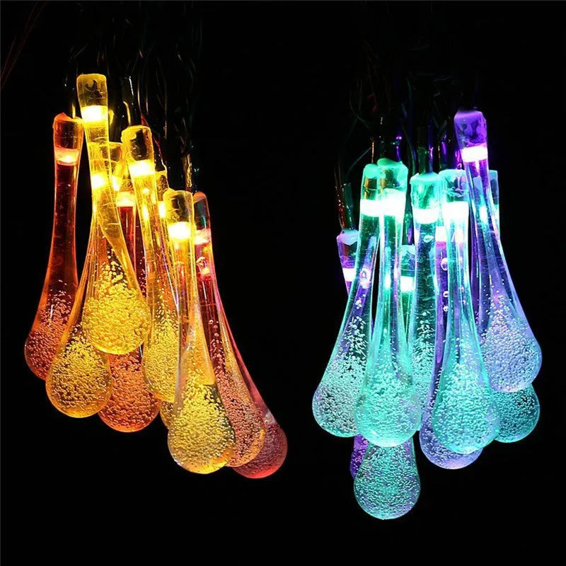 30 LED solar outdoor string lights with water drop pendants on 6.5m cable with ground spike