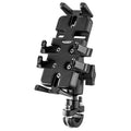 Black nylon motorcycle phone navigation bracket mounted on bicycle handlebars