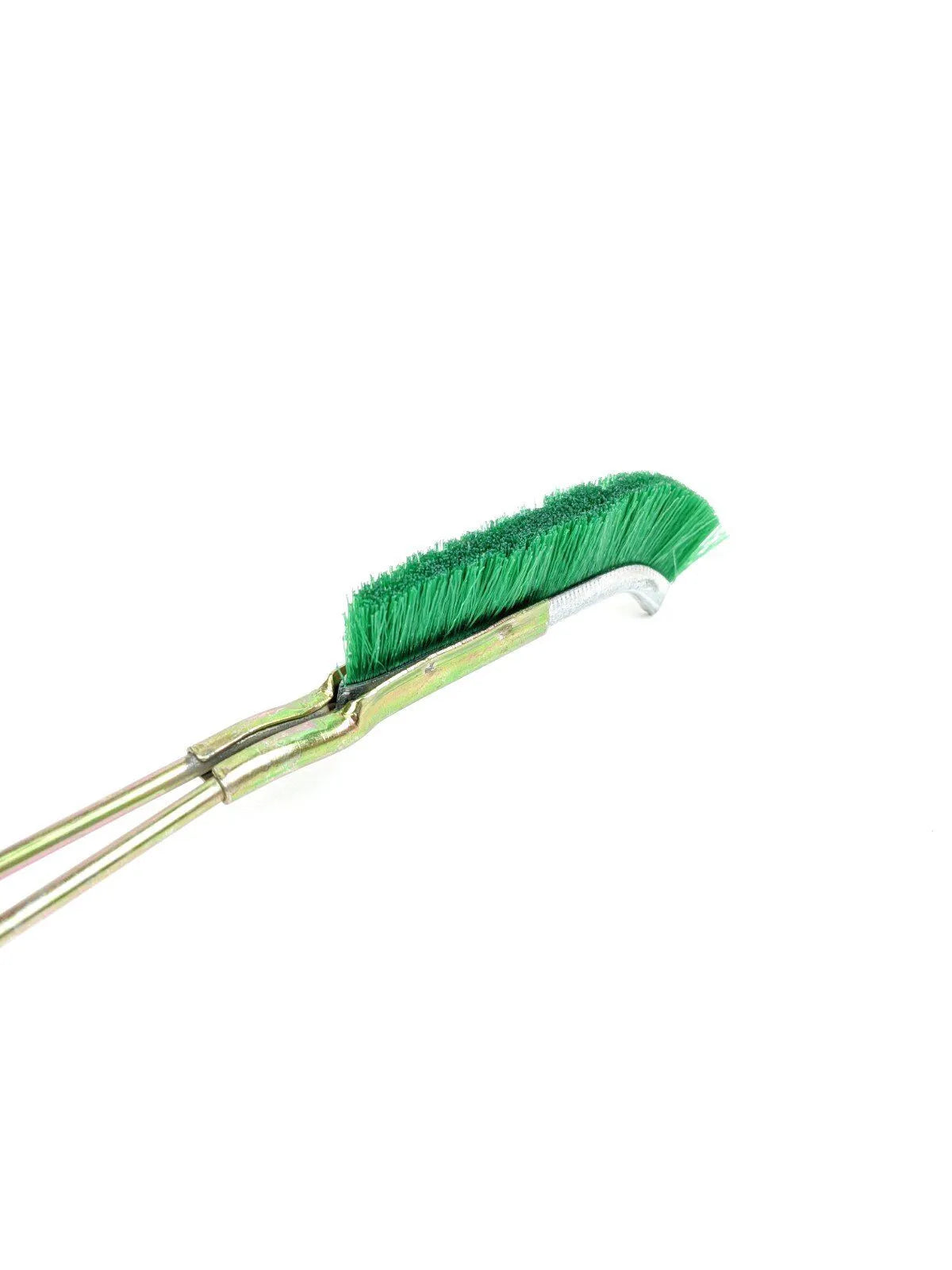 Green elbow-shaped nylon wire brush with a metal handle for rust removal and cleaning.
