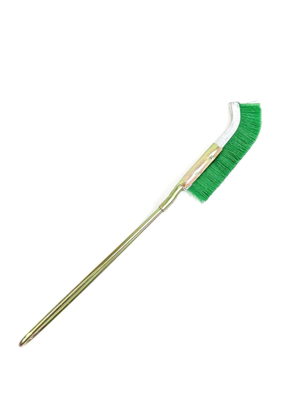 Green elbow-shaped nylon wire brush with a metal handle for rust removal and cleaning.
