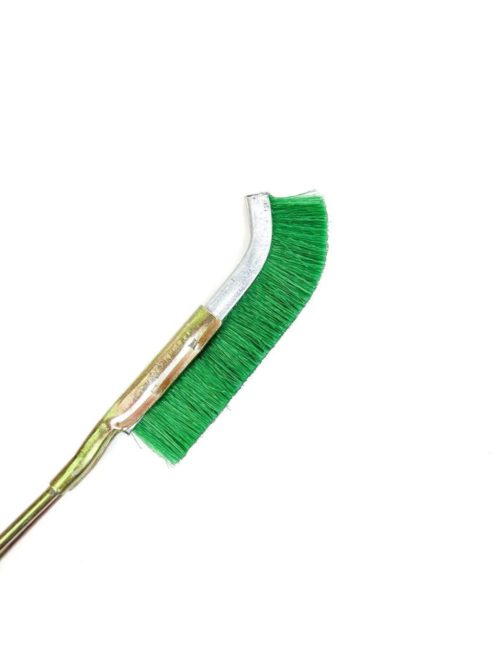 Green elbow-shaped nylon wire brush with a metal handle for rust removal and cleaning.