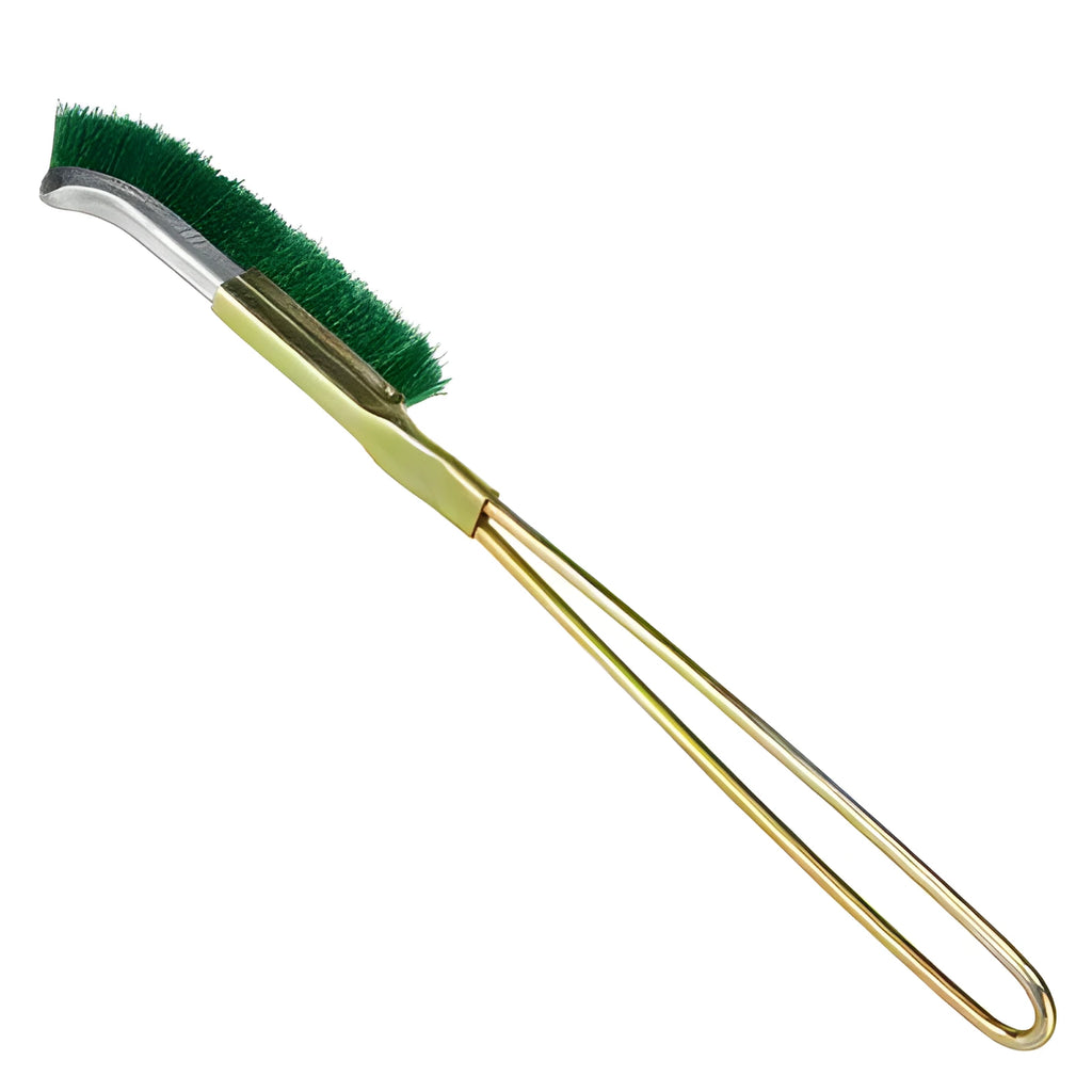 Green elbow-shaped nylon wire brush with a metal handle for rust removal and cleaning.