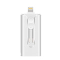 Metal three-in-one USB flash drive with lightning and USB connectors in black, silver, gold, or rose gold