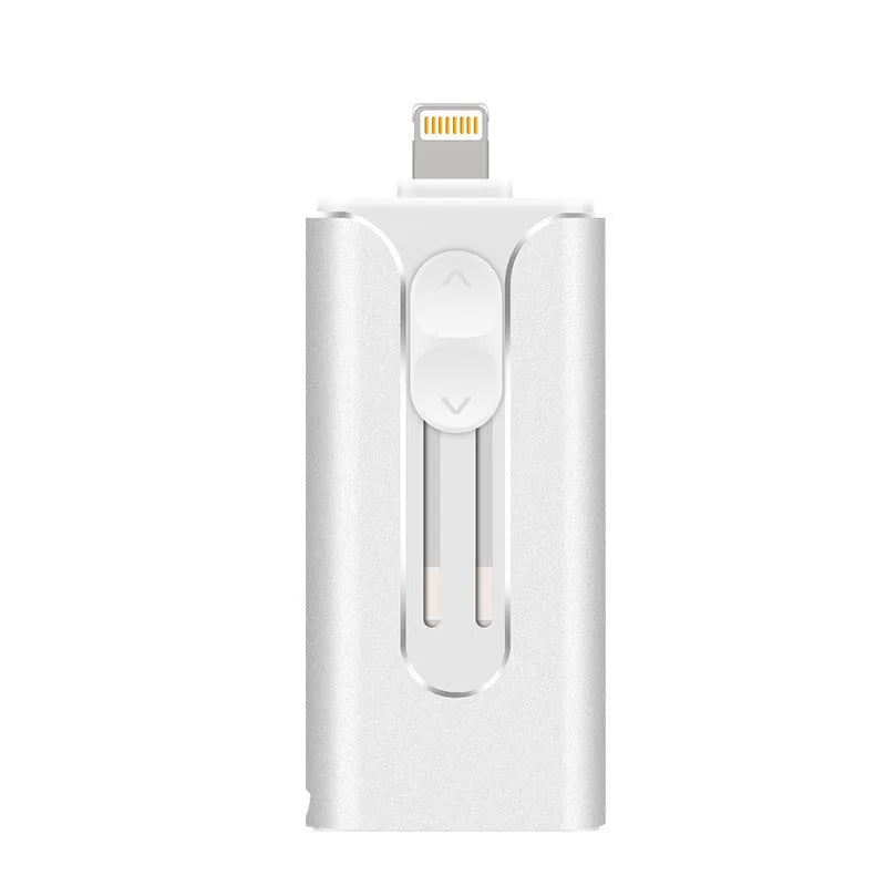 Metal three-in-one USB flash drive with lightning and USB connectors in black, silver, gold, or rose gold