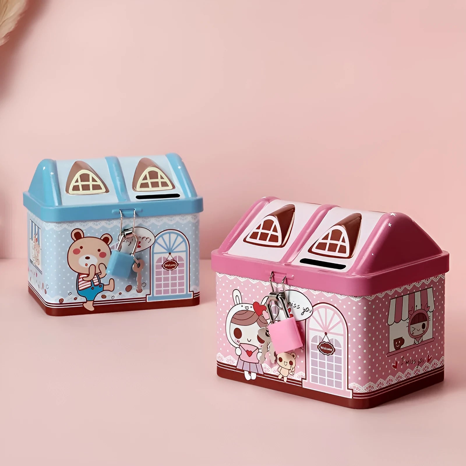 Blue house-shaped tinplate piggy bank for coin storage on a desktop