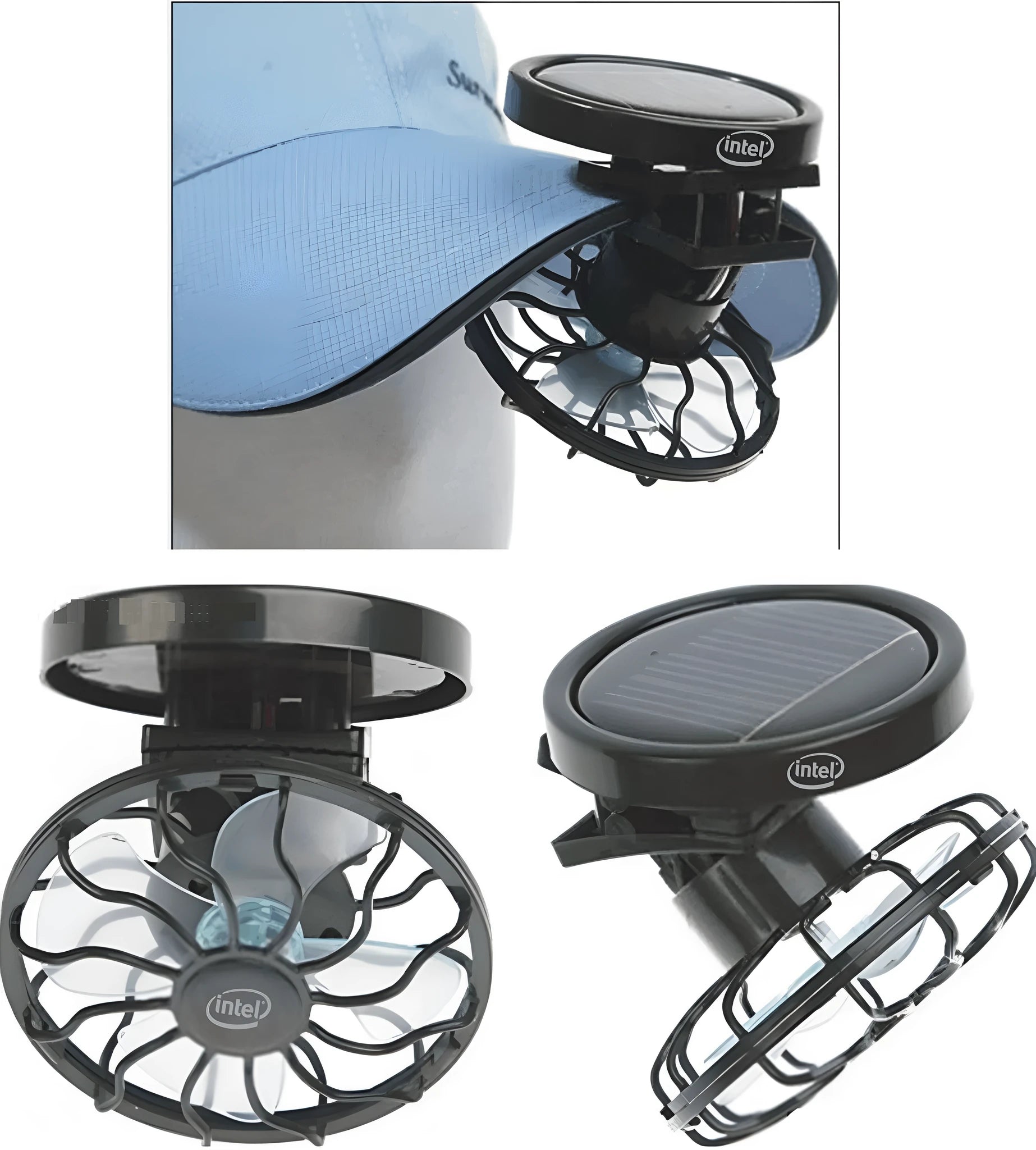 Black solar-powered clip-on fan with solar panel for outdoor cooling during camping and fishing