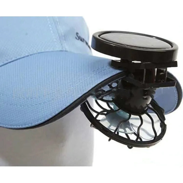 Black solar-powered clip-on fan with solar panel for outdoor cooling during camping and fishing