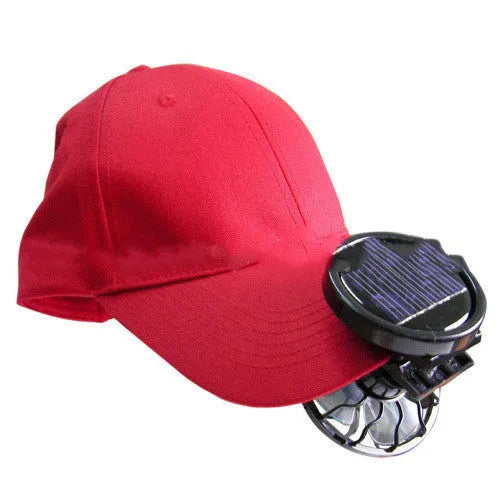 Black solar-powered clip-on fan with solar panel for outdoor cooling during camping and fishing