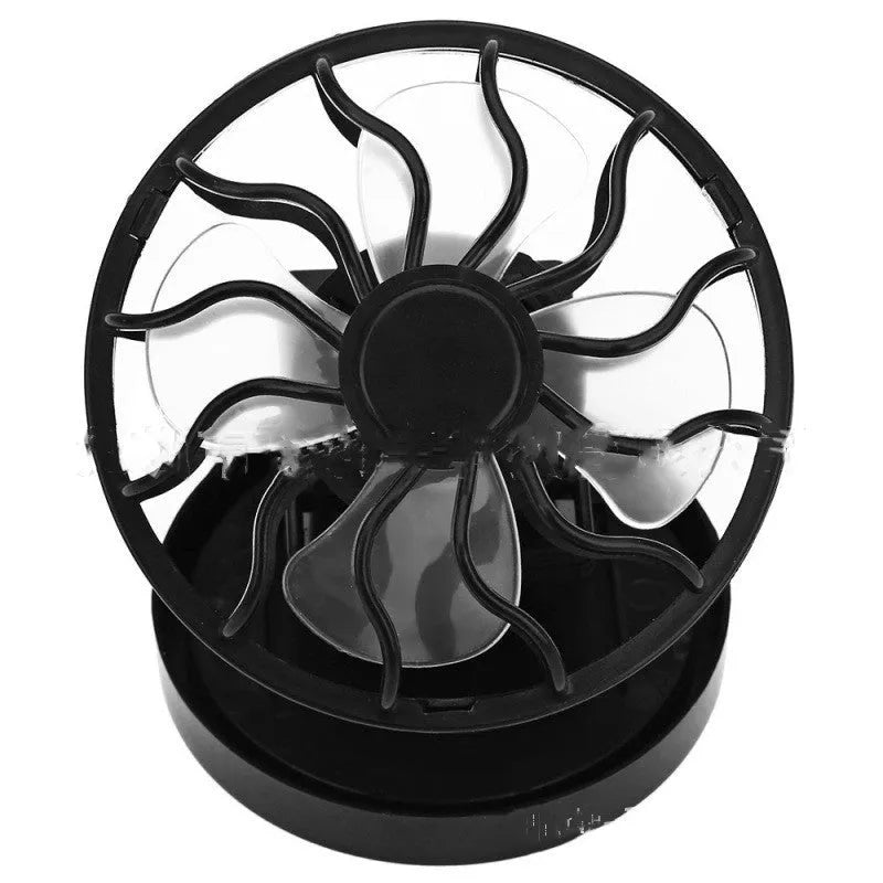 Black solar-powered clip-on fan with solar panel for outdoor cooling during camping and fishing