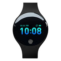 Smart watch with coloured strap showing a digital screen, demonstrating its vibrating alarm and pedometer features.