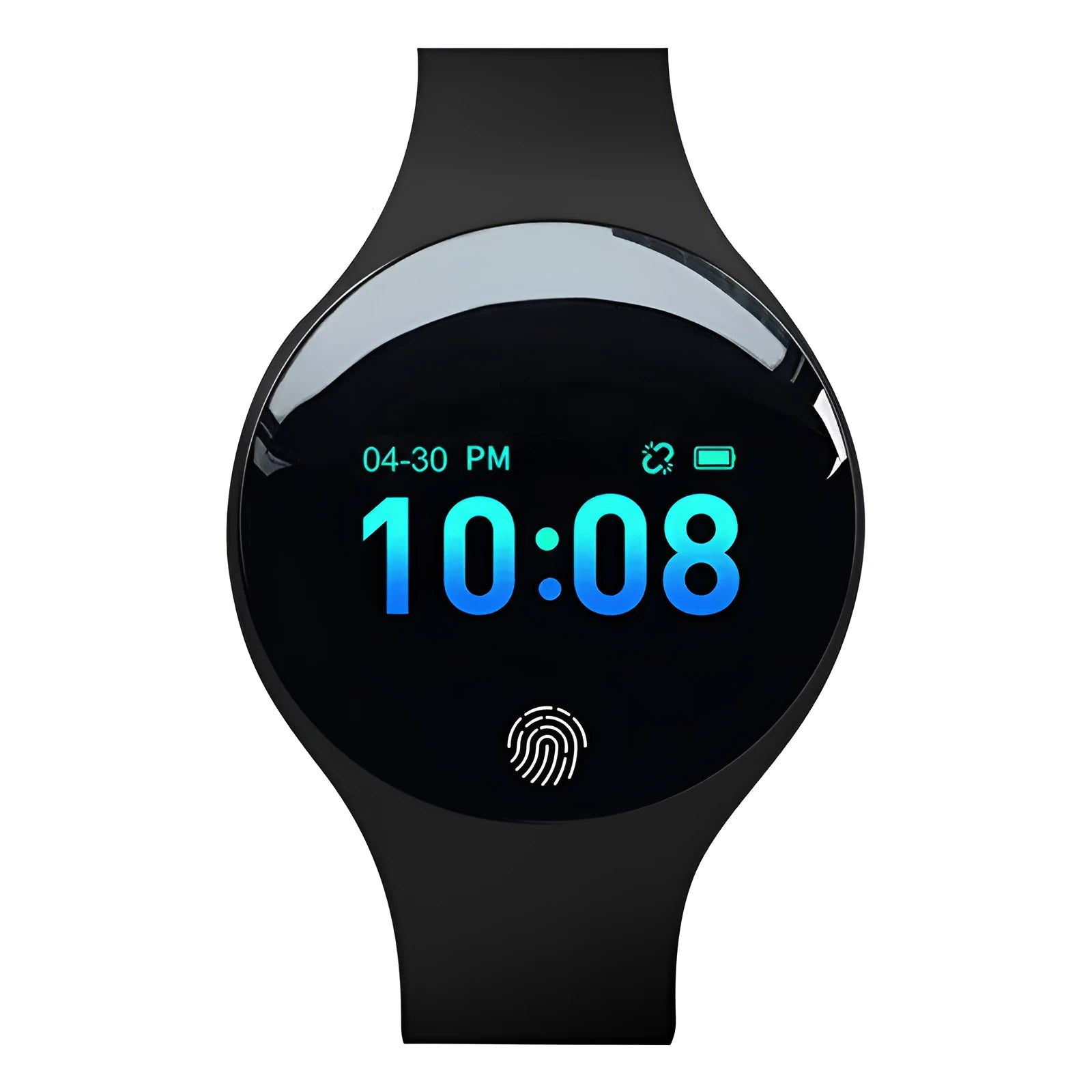 Smart watch with coloured strap showing a digital screen, demonstrating its vibrating alarm and pedometer features.