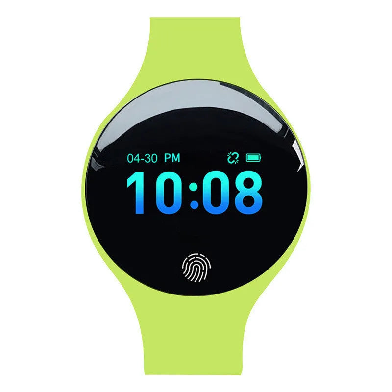 Smart watch with coloured strap showing a digital screen, demonstrating its vibrating alarm and pedometer features.