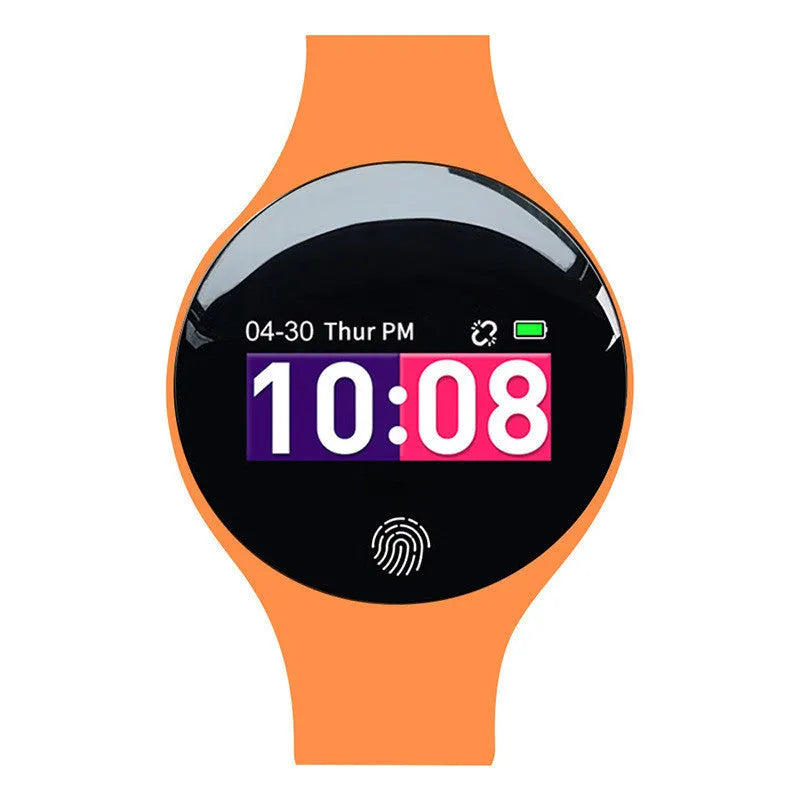 Smart watch with coloured strap showing a digital screen, demonstrating its vibrating alarm and pedometer features.
