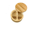 Bamboo seasoning box with three compartment options measuring 9x7cm