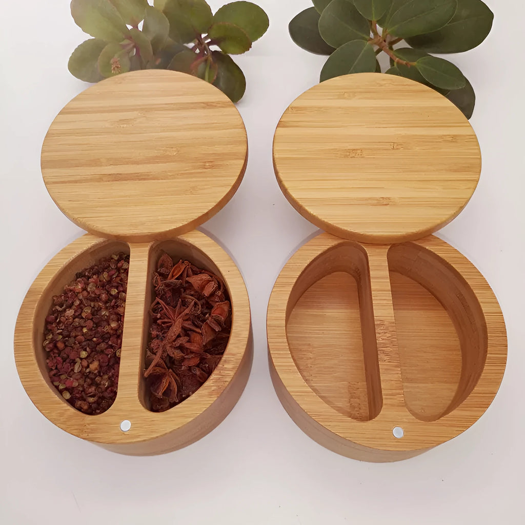 Bamboo seasoning box with three compartment options measuring 9x7cm