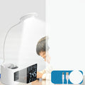 White USB rechargeable desk lamp with touch switch on a wooden desk.