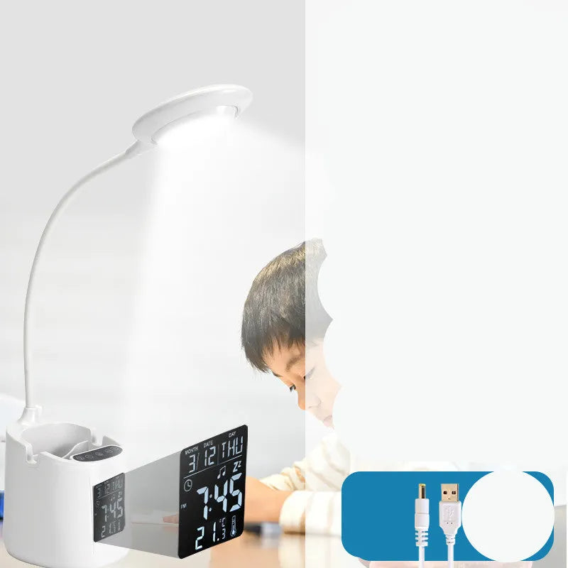 White USB rechargeable desk lamp with touch switch on a wooden desk.