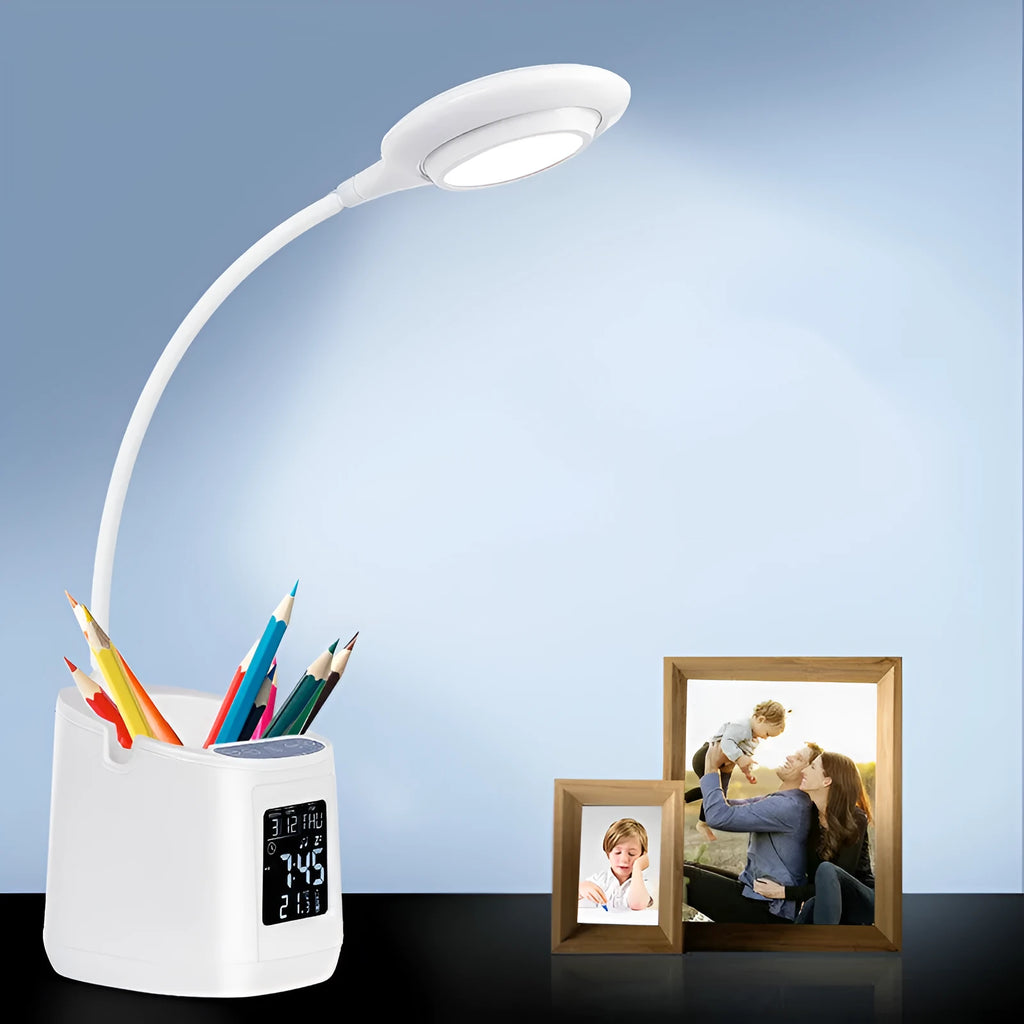White USB rechargeable desk lamp with touch switch on a wooden desk.