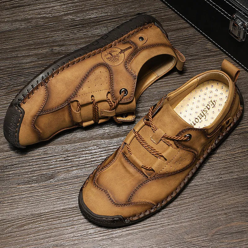 Men's casual leather shoes in microfiber with round toe design in black, gold, and khaki colours