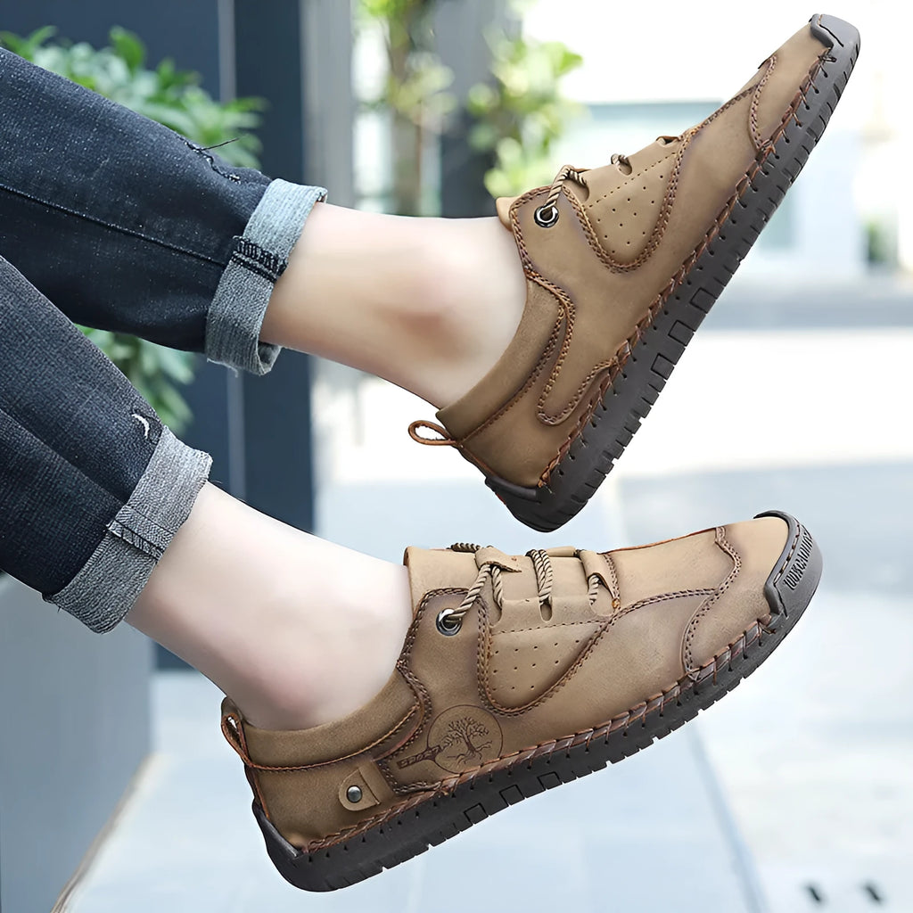 Men's casual leather shoes in microfiber with round toe design in black, gold, and khaki colours