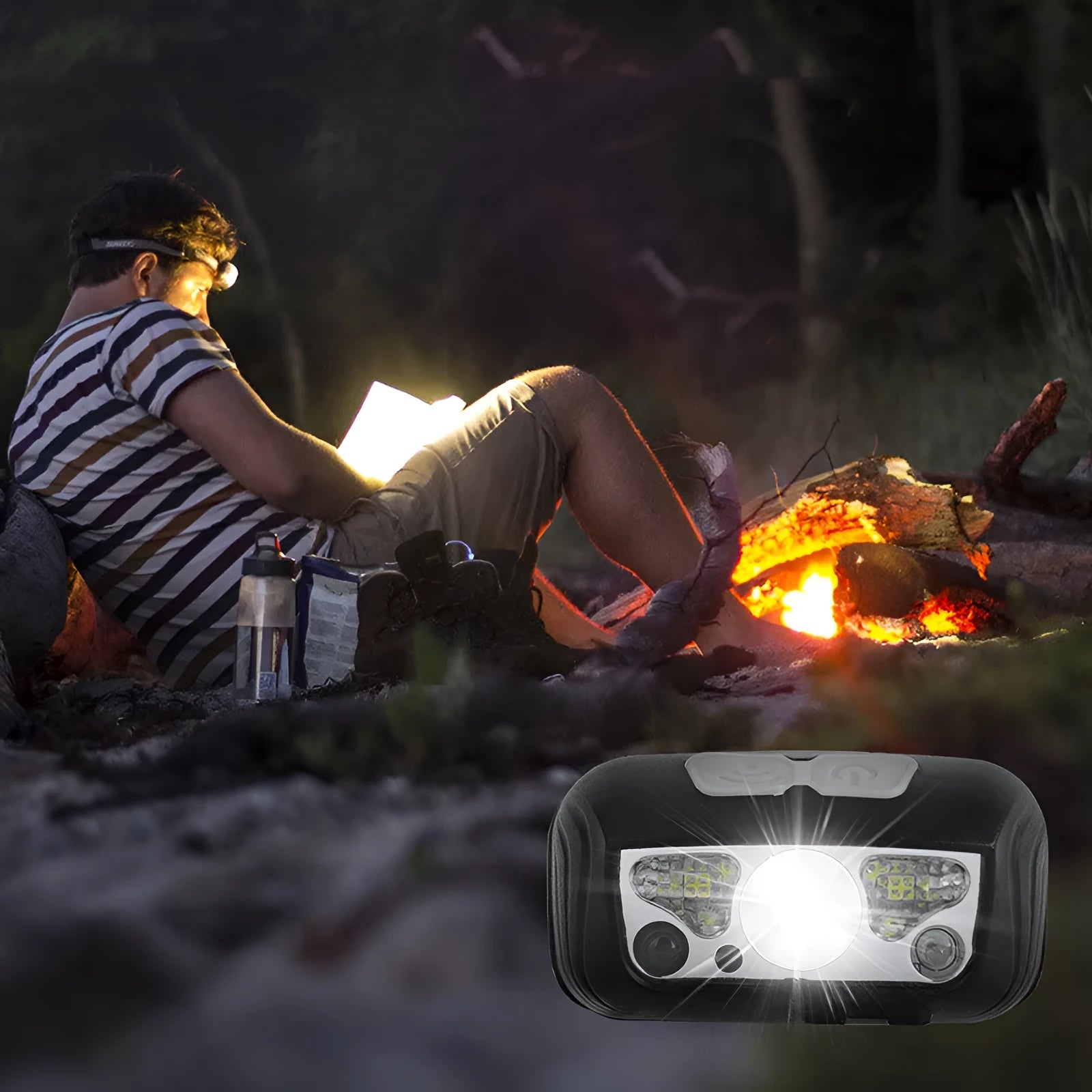 Black outdoor headlamp with adjustable strap, showing white and red LED lights and a micro USB charging port.